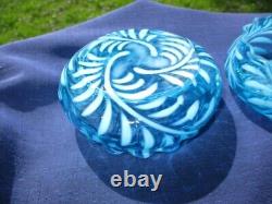 1880's GLASS CONDIMENT BOWLS in SP CADDY HOBBS BROCKUNIER BLUE OPALESCENT FERN