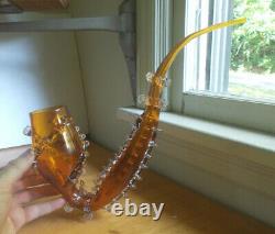 1880s ART GLASS HAND BLOWN 15SMOKING PIPE WITH APPLIED CLEAR RIGAREE DECORATION