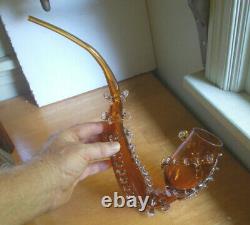1880s ART GLASS HAND BLOWN 15SMOKING PIPE WITH APPLIED CLEAR RIGAREE DECORATION