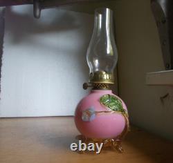 1880s RARE HAND BLOWN PINK CASED ART GLASS MINIATURE OIL LAMP APPLIED FEET BASE