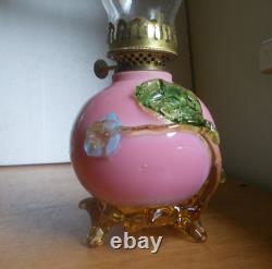 1880s RARE HAND BLOWN PINK CASED ART GLASS MINIATURE OIL LAMP APPLIED FEET BASE