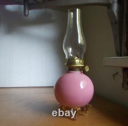 1880s RARE HAND BLOWN PINK CASED ART GLASS MINIATURE OIL LAMP APPLIED FEET BASE