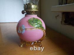 1880s RARE HAND BLOWN PINK CASED ART GLASS MINIATURE OIL LAMP APPLIED FEET BASE