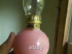 1880s RARE HAND BLOWN PINK CASED ART GLASS MINIATURE OIL LAMP APPLIED FEET BASE