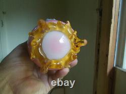 1880s RARE HAND BLOWN PINK CASED ART GLASS MINIATURE OIL LAMP APPLIED FEET BASE