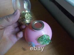 1880s RARE HAND BLOWN PINK CASED ART GLASS MINIATURE OIL LAMP APPLIED FEET BASE