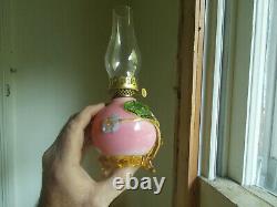 1880s RARE HAND BLOWN PINK CASED ART GLASS MINIATURE OIL LAMP APPLIED FEET BASE