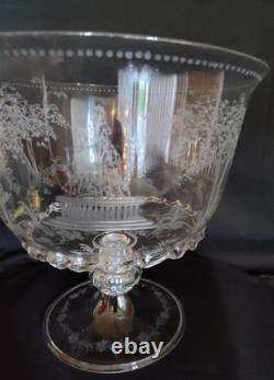 1890 English Hand Blown Etched Footed Bowl 1890 English Hand Blown Etched Footed Bowl