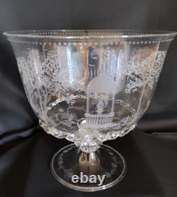 1890 English Hand Blown Etched Footed Bowl 1890 English Hand Blown Etched Footed Bowl