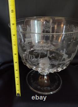 1890 English Hand Blown Etched Footed Bowl 1890 English Hand Blown Etched Footed Bowl