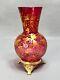 1890' Moser Ruby Cranberry Art Glass Bud Vase Enamel Gild Flowers Brass Mounted