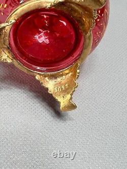 1890' Moser Ruby Cranberry Art Glass Bud Vase Enamel Gild Flowers Brass Mounted