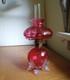1890 Original Cranberry Art Glass Ribbed Optic Miniature Lamp Withapplied Swans
