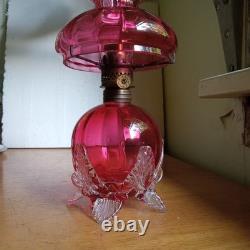 1890 ORIGINAL CRANBERRY ART GLASS RIBBED OPTIC MINIATURE LAMP WithAPPLIED SWANS