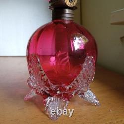 1890 ORIGINAL CRANBERRY ART GLASS RIBBED OPTIC MINIATURE LAMP WithAPPLIED SWANS