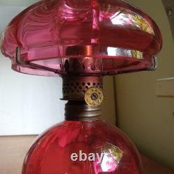 1890 ORIGINAL CRANBERRY ART GLASS RIBBED OPTIC MINIATURE LAMP WithAPPLIED SWANS