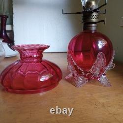 1890 ORIGINAL CRANBERRY ART GLASS RIBBED OPTIC MINIATURE LAMP WithAPPLIED SWANS