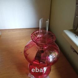 1890 ORIGINAL CRANBERRY ART GLASS RIBBED OPTIC MINIATURE LAMP WithAPPLIED SWANS
