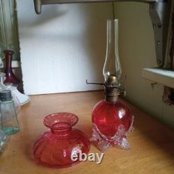 1890 ORIGINAL CRANBERRY ART GLASS RIBBED OPTIC MINIATURE LAMP WithAPPLIED SWANS
