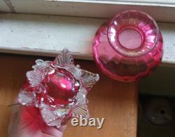 1890 ORIGINAL CRANBERRY ART GLASS RIBBED OPTIC MINIATURE LAMP WithAPPLIED SWANS