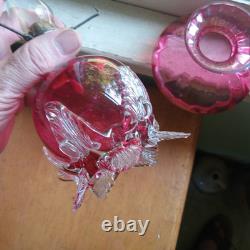 1890 ORIGINAL CRANBERRY ART GLASS RIBBED OPTIC MINIATURE LAMP WithAPPLIED SWANS
