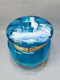 1890 Victorian Mary Gregory Art Glass Enamel Lidded Powder Candy Jar Gild Footed