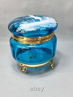 1890 Victorian Mary Gregory Art Glass Enamel Lidded Powder Candy Jar Gild Footed