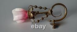 1890s Antique Pendant Sconce Brass Gilt Bronze Welsbach Satin Glass Shade 1890s Antique Pendant Sconce Brass Gilt Bronze Welsbach Satin Glass Shade