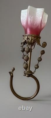 1890s Antique Pendant Sconce Brass Gilt Bronze Welsbach Satin Glass Shade 1890s Antique Pendant Sconce Brass Gilt Bronze Welsbach Satin Glass Shade
