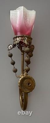 1890s Antique Pendant Sconce Brass Gilt Bronze Welsbach Satin Glass Shade 1890s Antique Pendant Sconce Brass Gilt Bronze Welsbach Satin Glass Shade