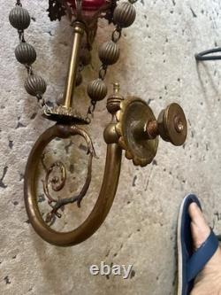1890s Antique Pendant Sconce Brass Gilt Bronze Welsbach Satin Glass Shade 1890s Antique Pendant Sconce Brass Gilt Bronze Welsbach Satin Glass Shade