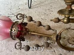 1890s Antique Pendant Sconce Brass Gilt Bronze Welsbach Satin Glass Shade 1890s Antique Pendant Sconce Brass Gilt Bronze Welsbach Satin Glass Shade