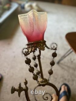 1890s Antique Pendant Sconce Brass Gilt Bronze Welsbach Satin Glass Shade 1890s Antique Pendant Sconce Brass Gilt Bronze Welsbach Satin Glass Shade