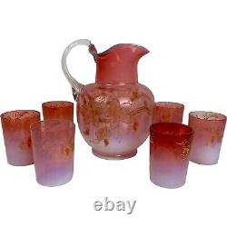 1891 Victorian Art Glass Pink Opalescent Pitcher Tumblers Lemonade Set Enamel