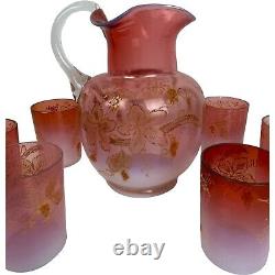 1891 Victorian Art Glass Pink Opalescent Pitcher Tumblers Lemonade Set Enamel