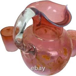 1891 Victorian Art Glass Pink Opalescent Pitcher Tumblers Lemonade Set Enamel