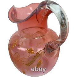 1891 Victorian Art Glass Pink Opalescent Pitcher Tumblers Lemonade Set Enamel