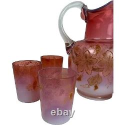 1891 Victorian Art Glass Pink Opalescent Pitcher Tumblers Lemonade Set Enamel