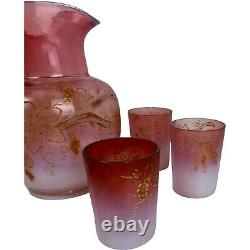 1891 Victorian Art Glass Pink Opalescent Pitcher Tumblers Lemonade Set Enamel