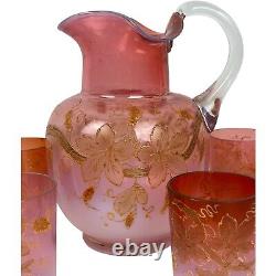 1891 Victorian Art Glass Pink Opalescent Pitcher Tumblers Lemonade Set Enamel