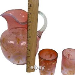 1891 Victorian Art Glass Pink Opalescent Pitcher Tumblers Lemonade Set Enamel