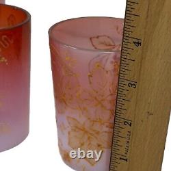 1891 Victorian Art Glass Pink Opalescent Pitcher Tumblers Lemonade Set Enamel