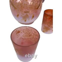 1891 Victorian Art Glass Pink Opalescent Pitcher Tumblers Lemonade Set Enamel