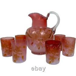 1891 Victorian Art Glass Pink Opalescent Pitcher Tumblers Lemonade Set Enamel