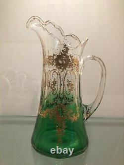 1895 MOSER GLASS Rubina Verde GREEN Lemonade PITCHER withENCRUSTED GOLD Decoration