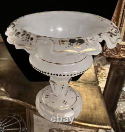 19 c. Antique Opaline Tazza Bowl Enamel Gold Gilt Silver Cut Scallop Edge Footed