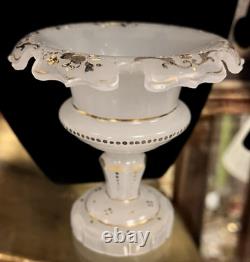 19 c. Antique Opaline Tazza Bowl Enamel Gold Gilt Silver Cut Scallop Edge Footed