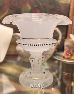 19 c. Antique Opaline Tazza Bowl Enamel Gold Gilt Silver Cut Scallop Edge Footed