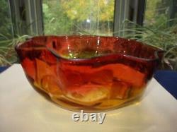 1900-1910 Victorian Art Glass Bowl Sunset Amberina Octagon Blown Out Shapes 7.5