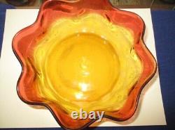 1900-1910 Victorian Art Glass Bowl Sunset Amberina Octagon Blown Out Shapes 7.5